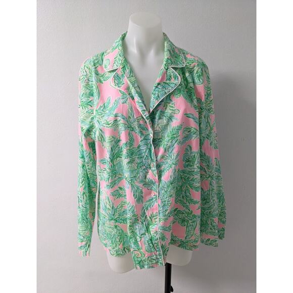Lilly Pulitzer XL Button Up Pajama Top Green Pink Cotton Botanical Long Sleeves - Picture 3 of 13